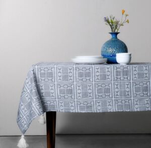 Table Cover With Tassel – Grey Boho-Chic Jacquard Woven Rectangular Cotton