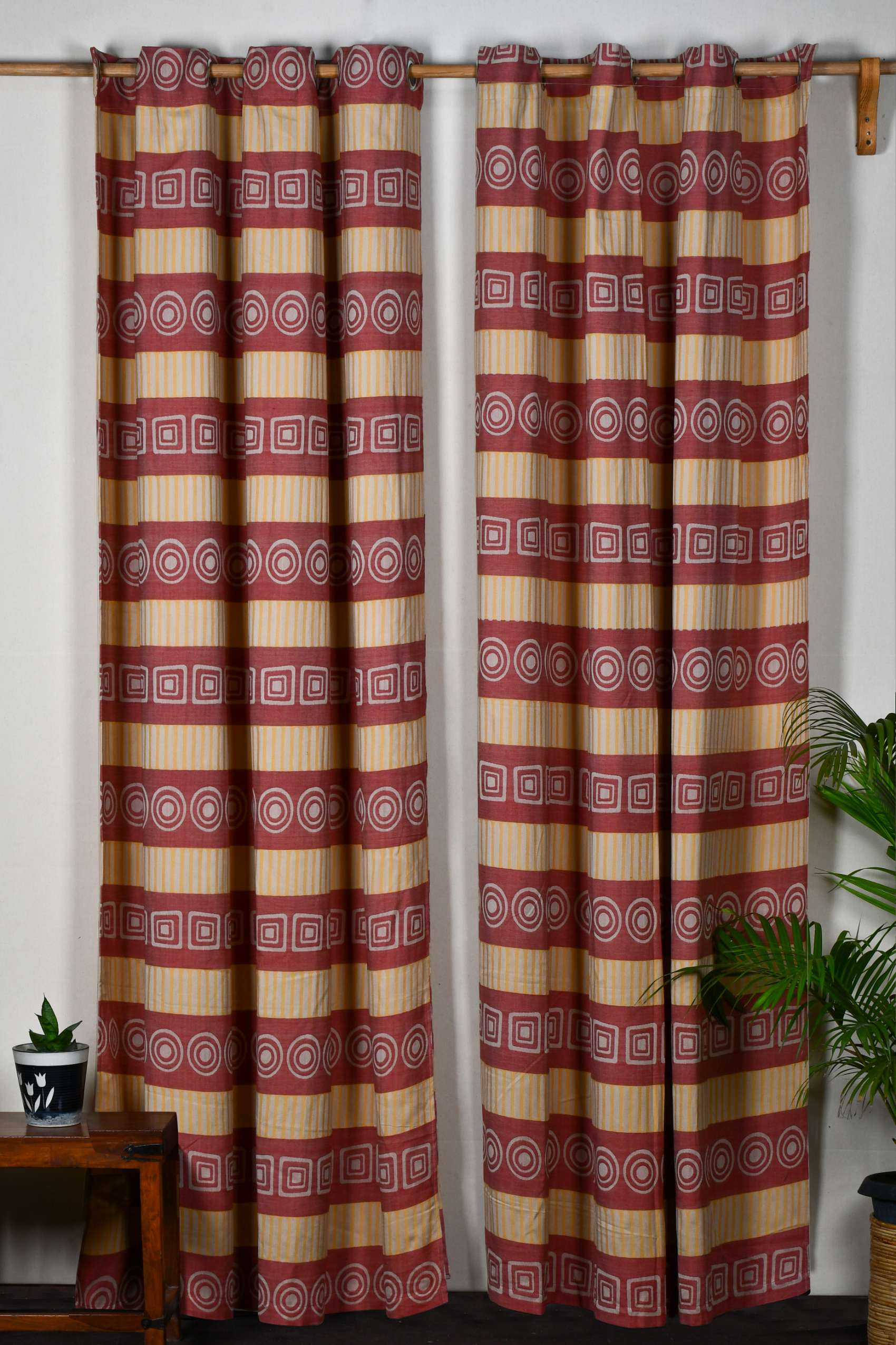 Tab Curtain With Eyelet – Terra and Beige Jacquard Woven Geometric Semi Sheer Cotton