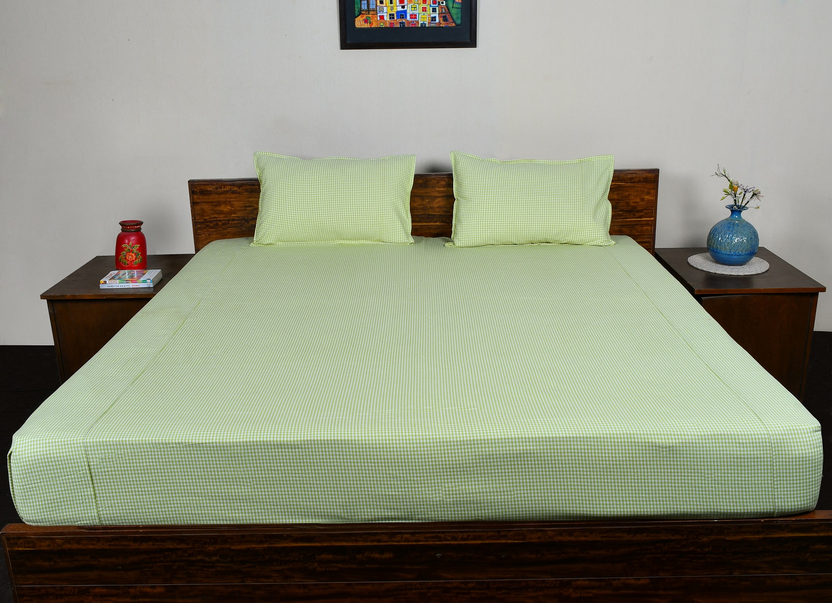 Double Bed Sheet  With Pillow – Green Checked Woven Cotton