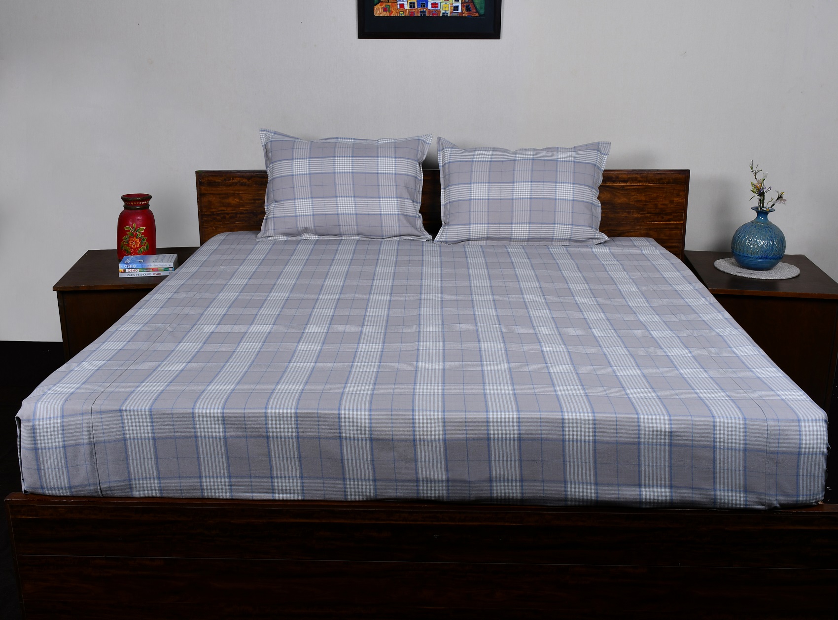 Double Bed Sheet  With Pillow –  Light Grey-Blue Checked Woven Cotton