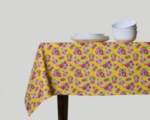 Table Cover –  Pink Floral Print on Yellow Woven Rectangular Cotton