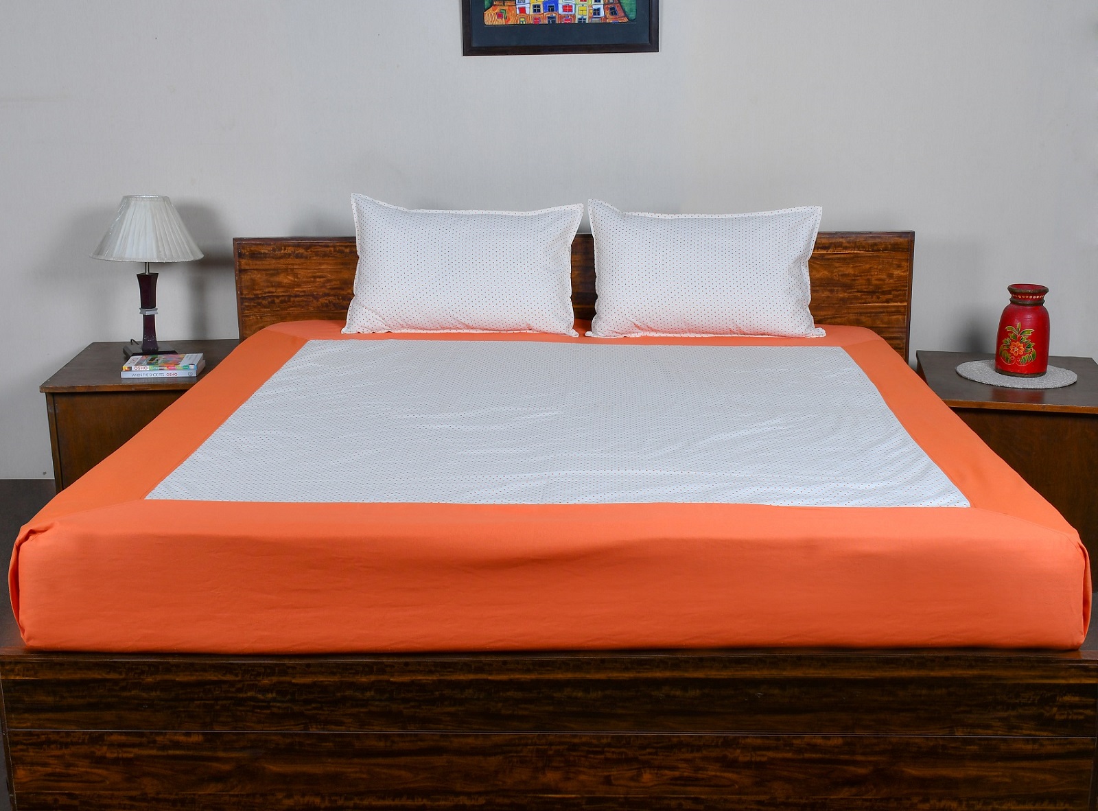 Double Bed Sheet  With Pillow – Designer Polka Dots with Orange Border Cotton