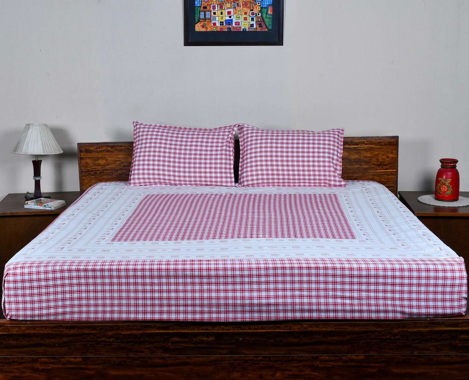 Double Bed Sheet  With Pillow –  Designer Red Checked with Cross Print Cotton