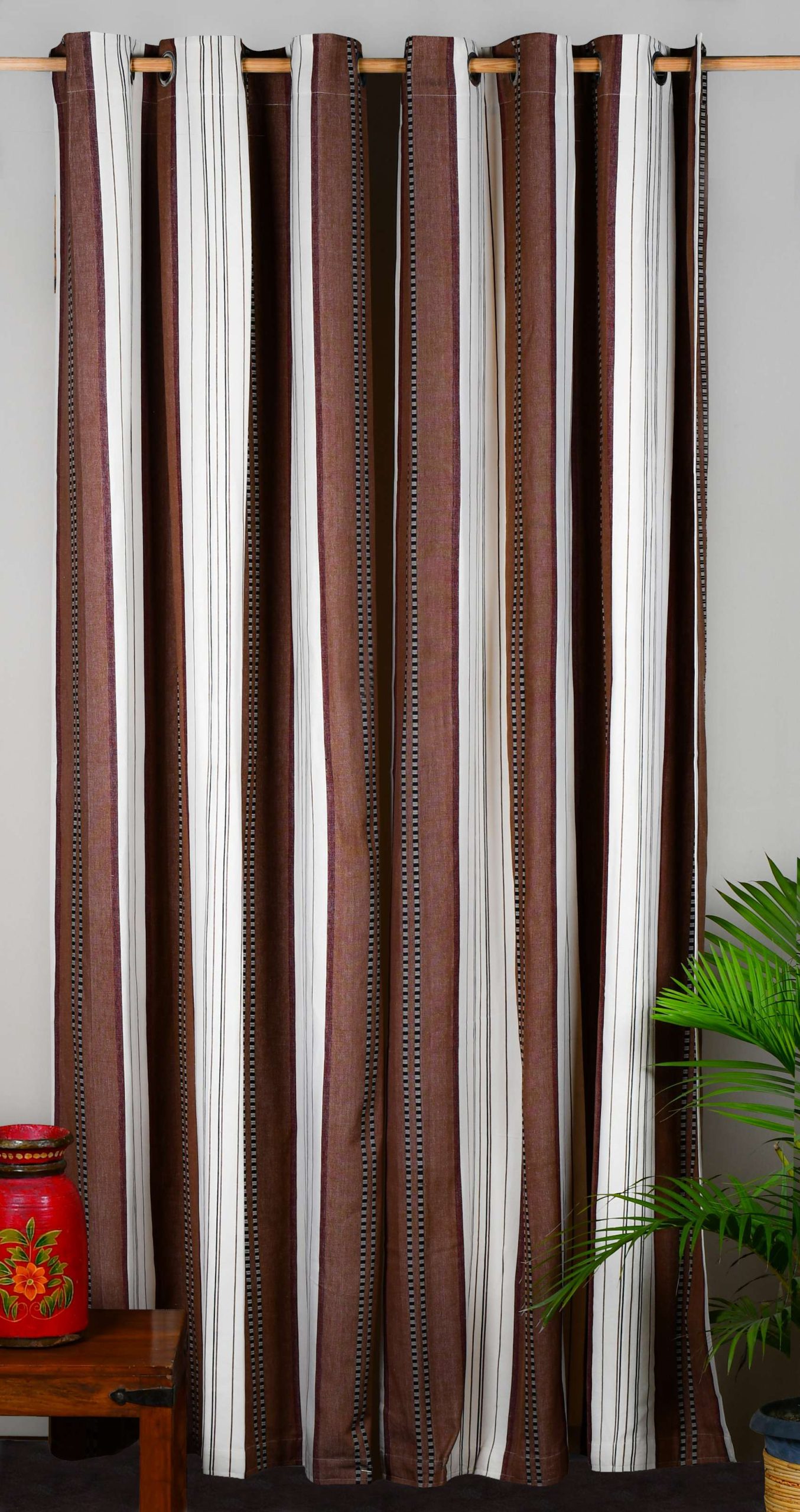 Tab Curtain With Eyelet – Brown and White Striped Woven Semi Sheer Long Door Cotton