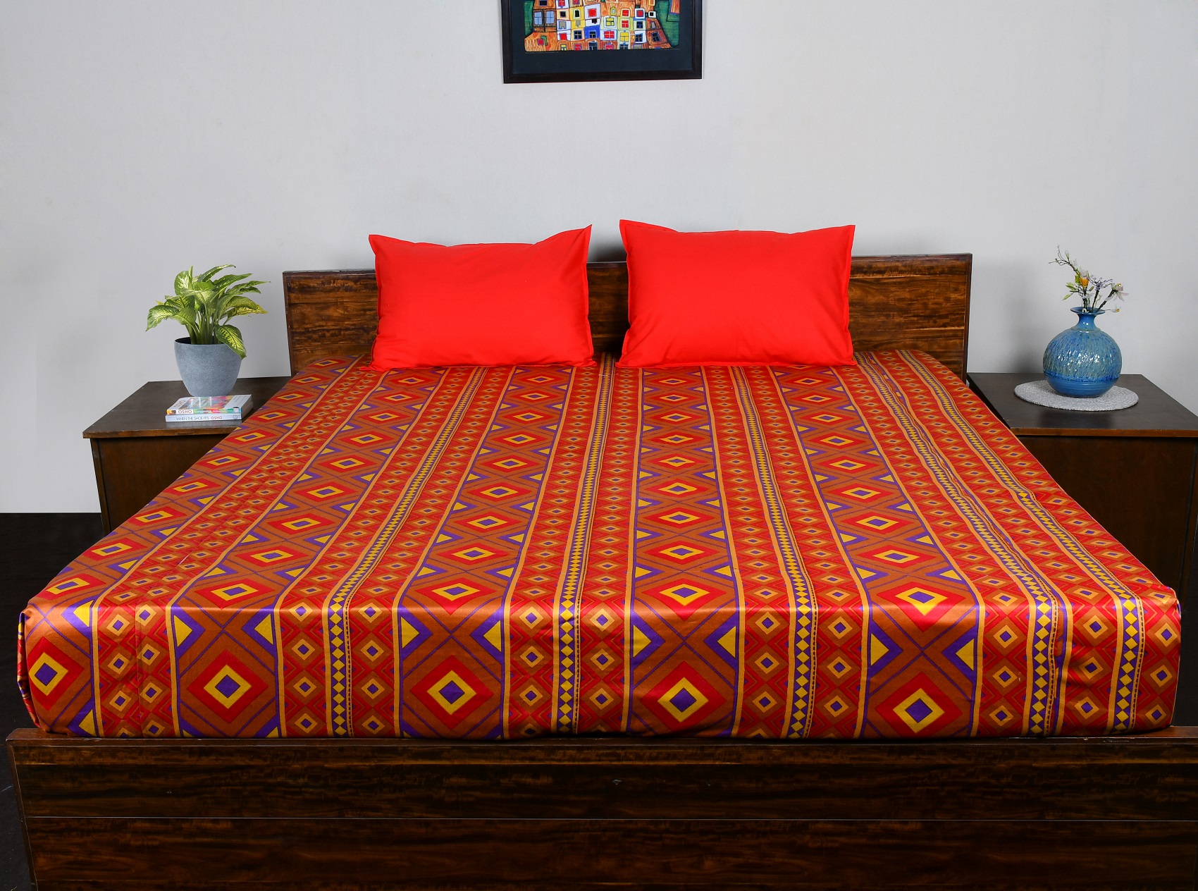 Double Bed Sheet  With Pillow – Geometic Red Printed Glaze Cotton