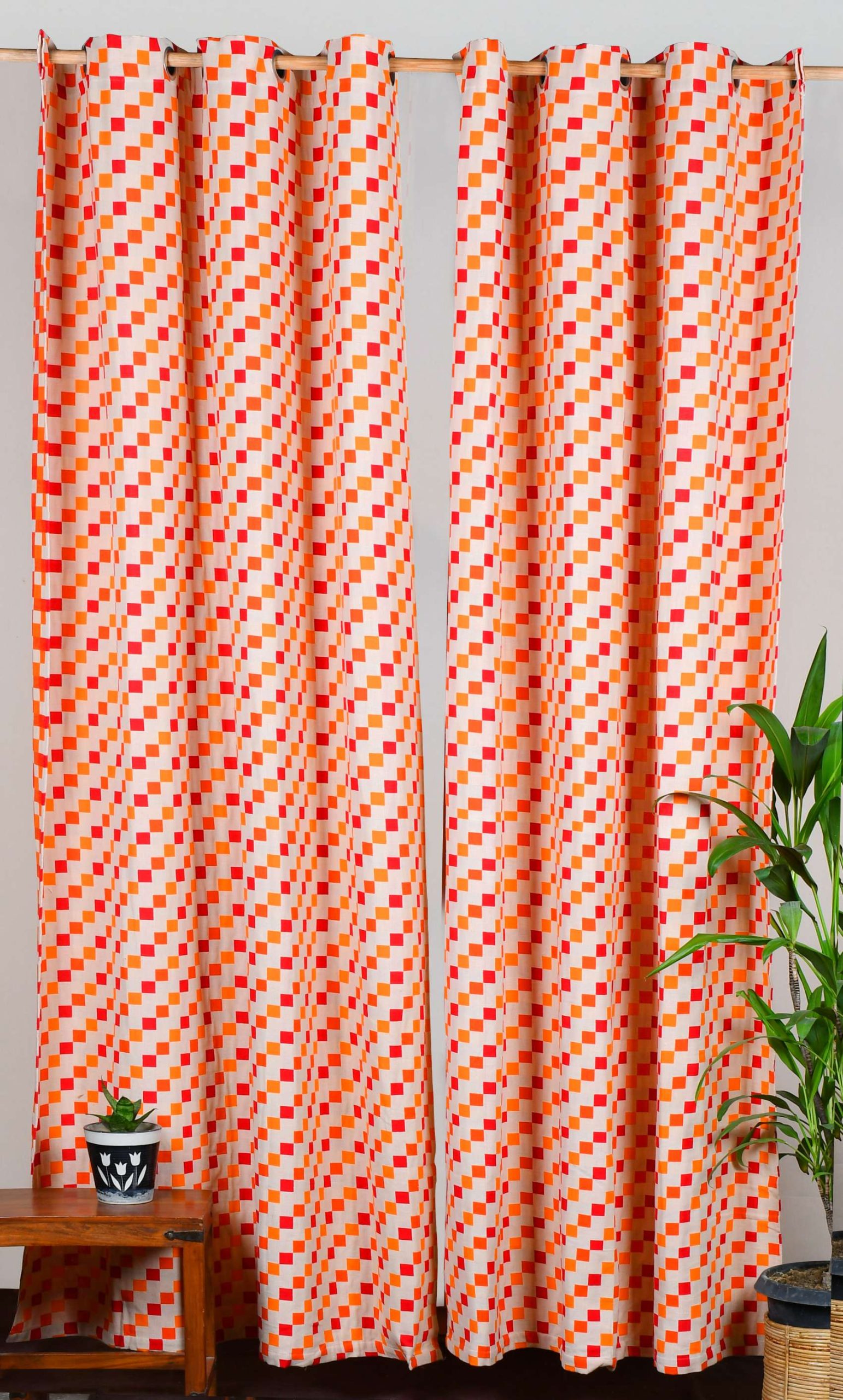 Tab Curtain With Eyelet –  Red and Orange Geometric Woven Semi Sheer Cotton