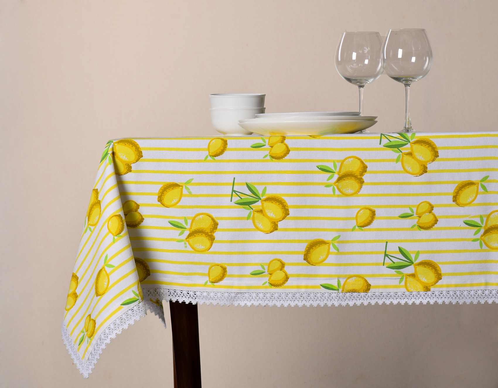 Table Cover With Lace – Lemon Print with Yellow Stripes Cotton