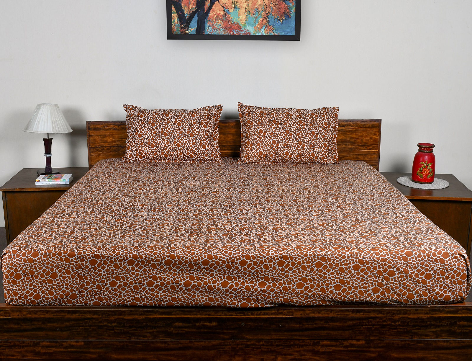 Double Bed Sheet  With Pillow – Brown Animal Printed Cotton