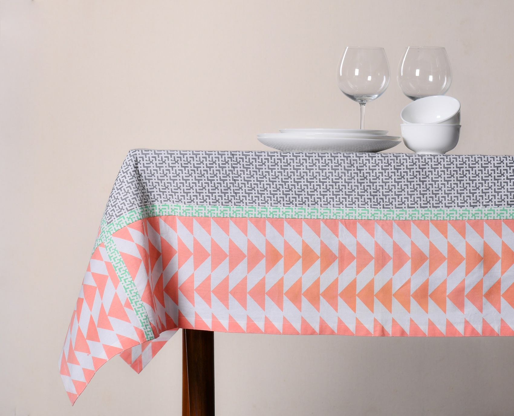 Table Cover Patch Work –  Grey and Light Coral Geometric Printed Cotton