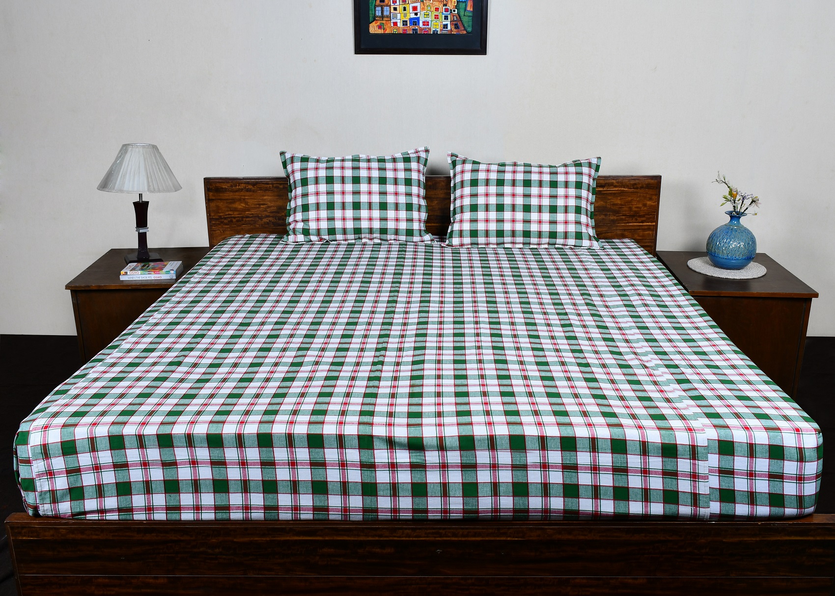 Double Bed Sheet  With Pillow – Green Red Checked Woven Cotton