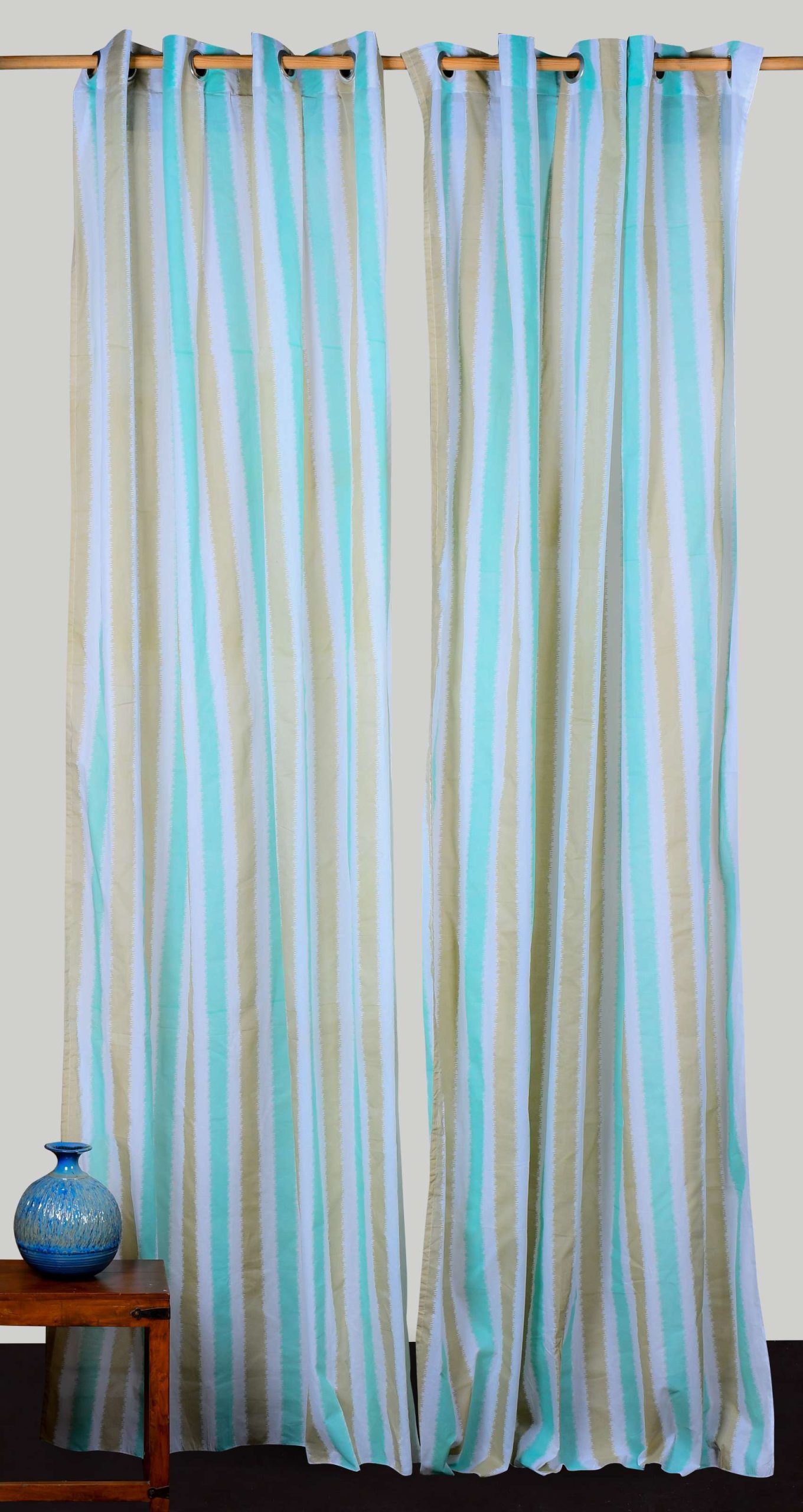 Tab Curtain With Eyelet – Seagreen Striped Printed Semi Sheer Cotton