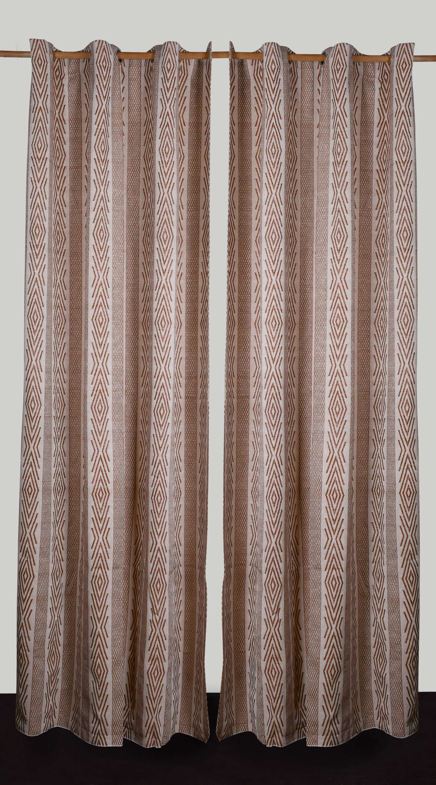 Tab Curtain With Eyelet – Brown and Cream Motif Dobby Woven Semi Sheer Cotton