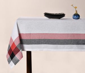Table Cover – Off White with Red and Black Border Woven Rectangular Cotton