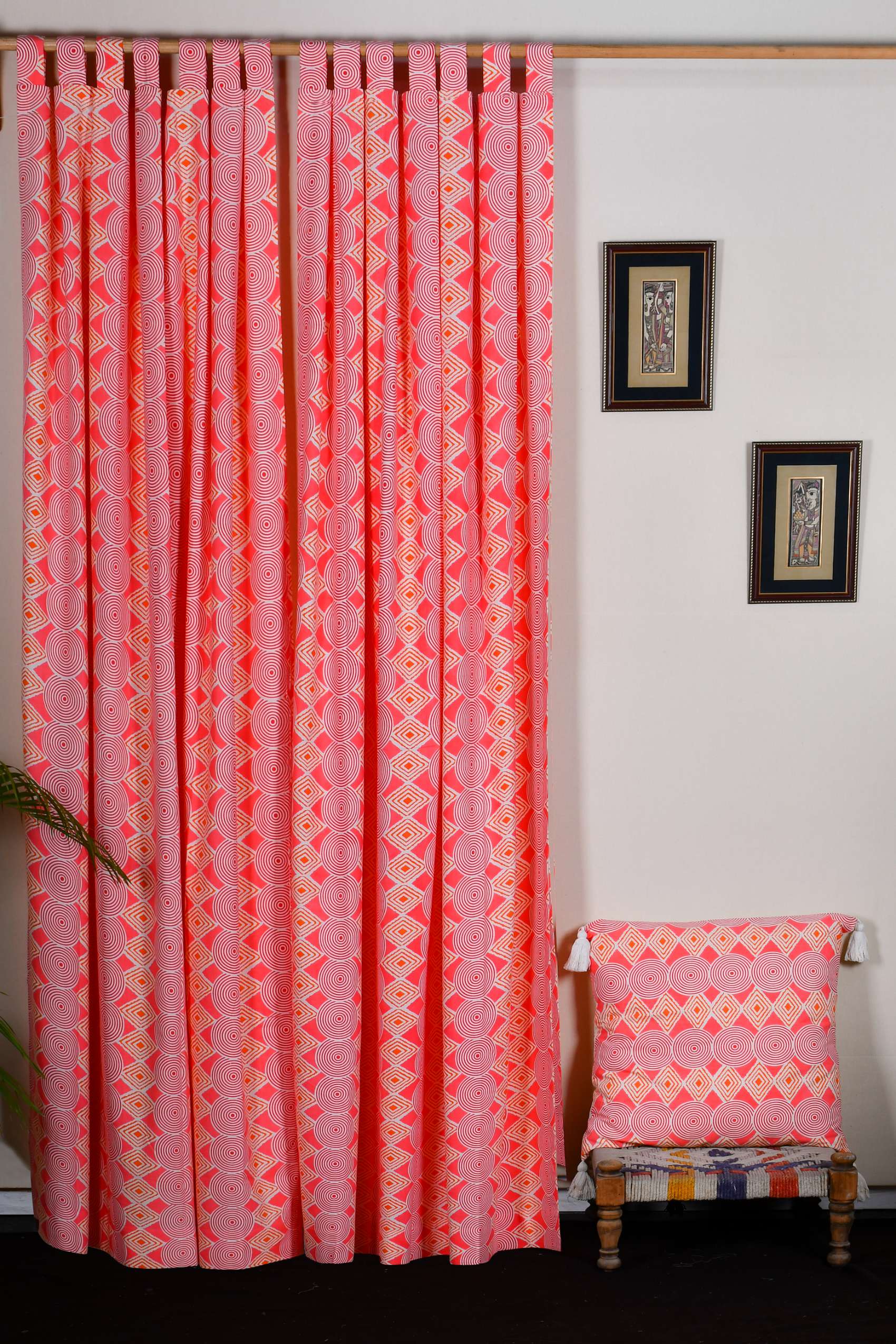 Tab Curtain With Loop – Pink and Orange Geometric Printed Loop Semi Sheer Cotton