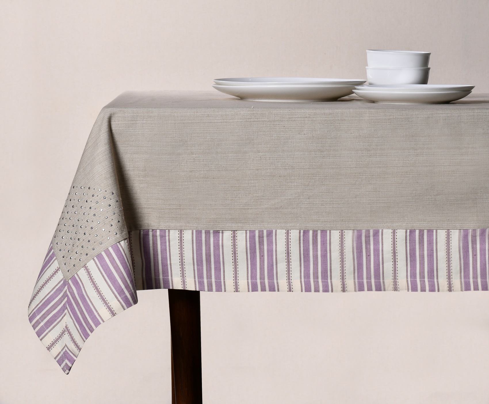 Table Cover With Border – Beige with Purple Striped Border Woven Cotton