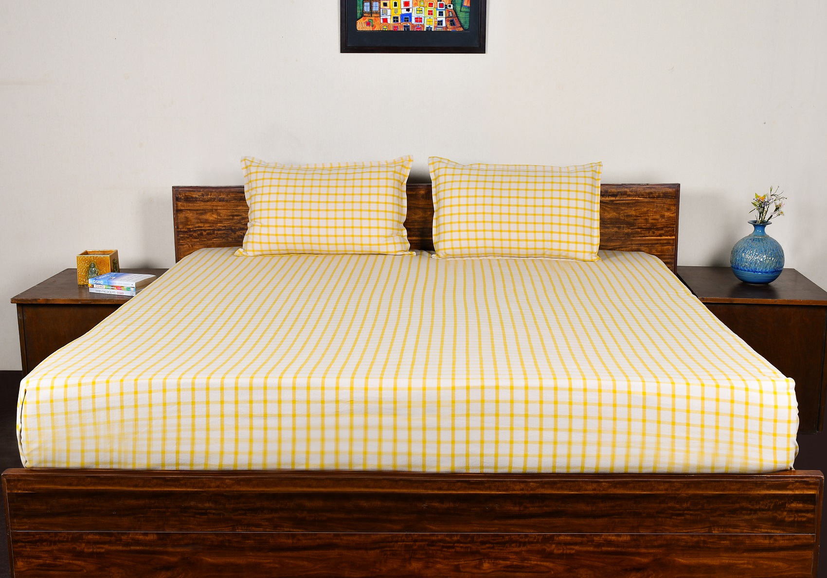 Double Bedsheet with Two Pillow – Yellow Checked Woven