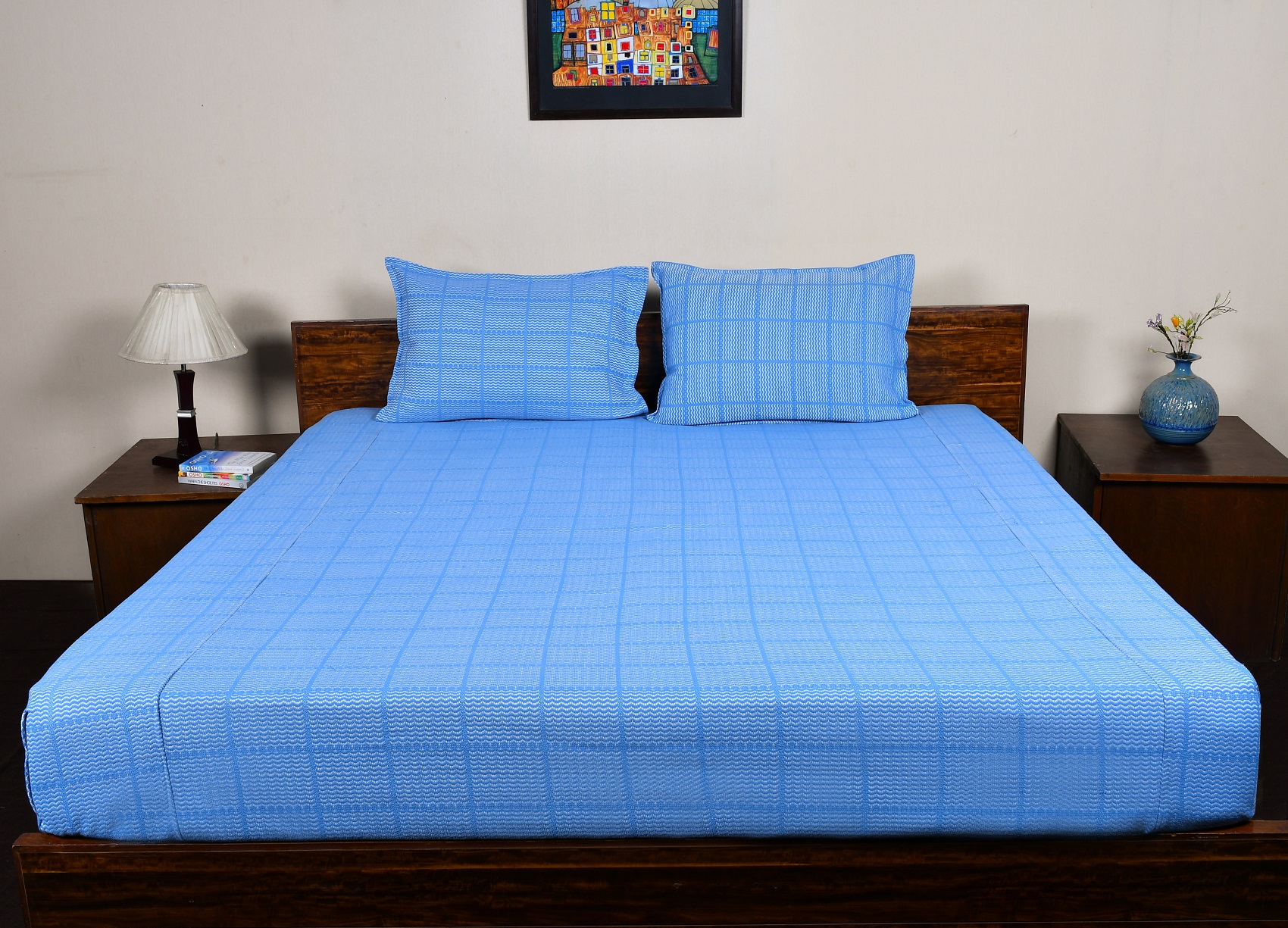 Double Bed Sheet  With Pillow – Blue Checked Dobby Woven Cotton