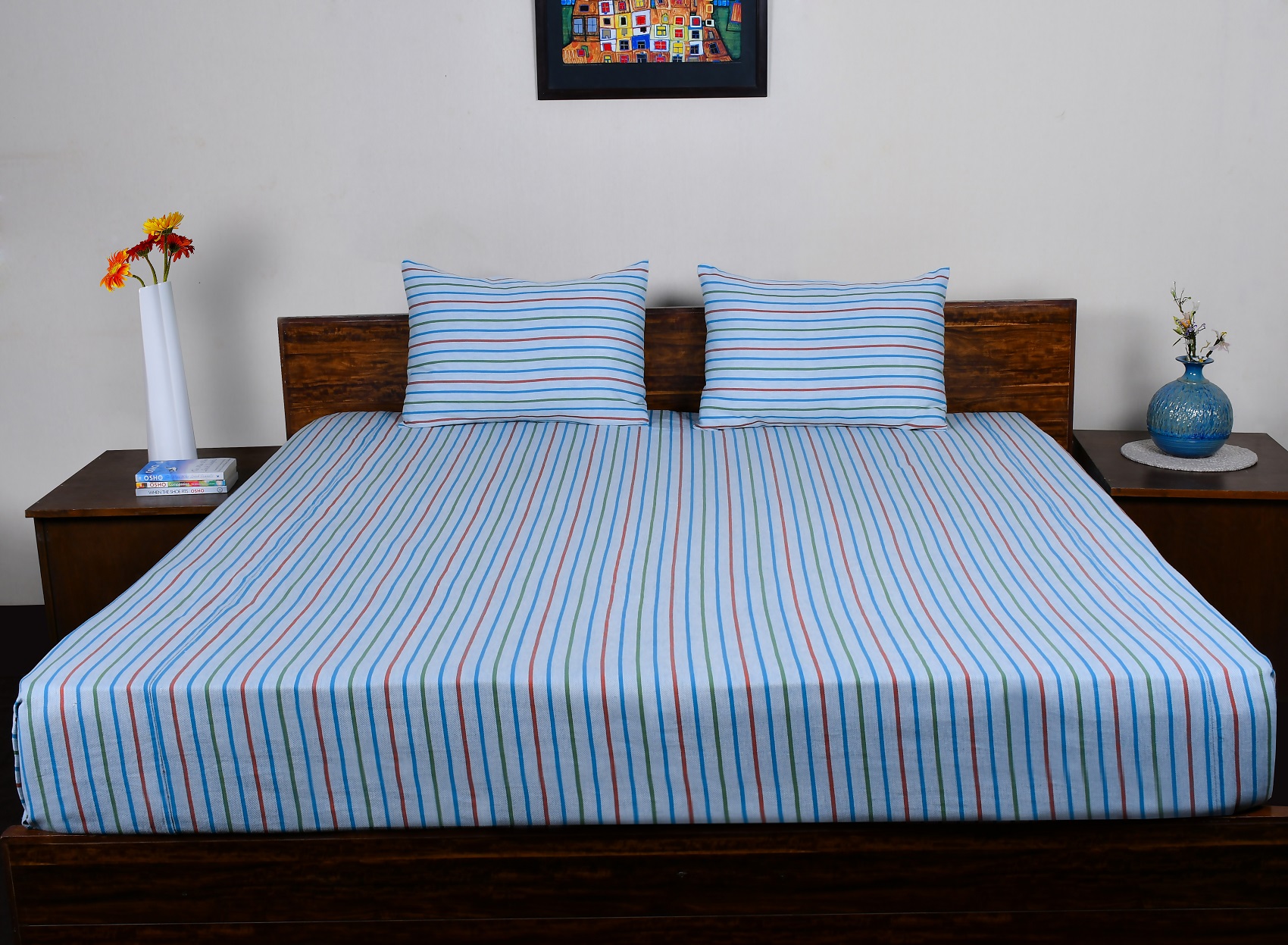 Double Bed Sheet  With Pillow – Pale Blue Striped Woven Cotton