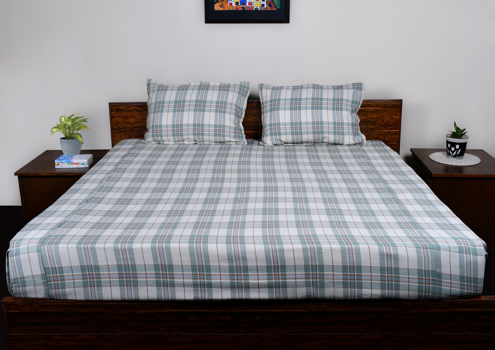 Double Bed Sheet  With Pillow – Pale Green Checked Jacquard Woven Cotton