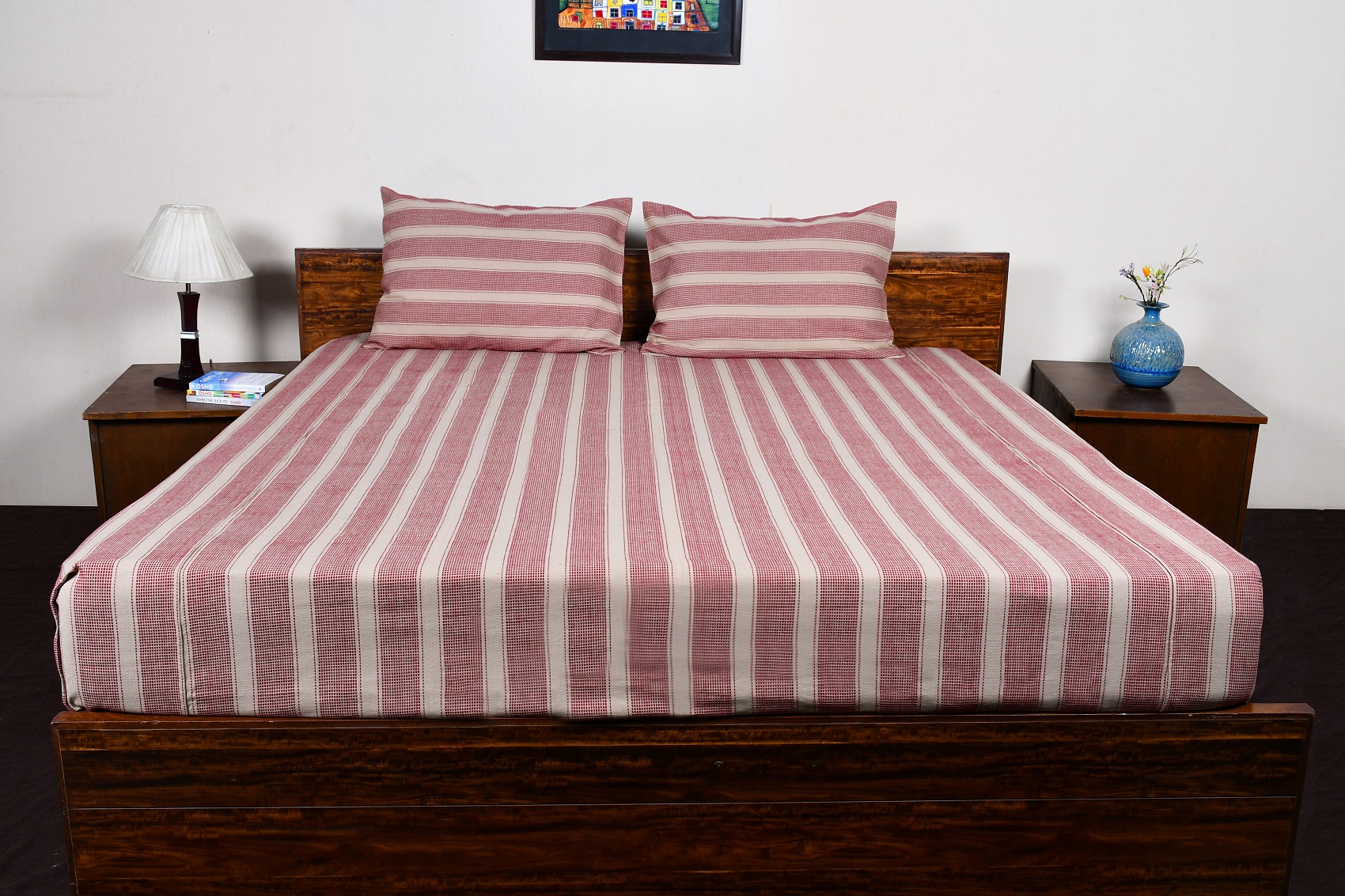 Double Bed Sheet  With Pillow – Ivory Cranberry Stripped Woven Cotton