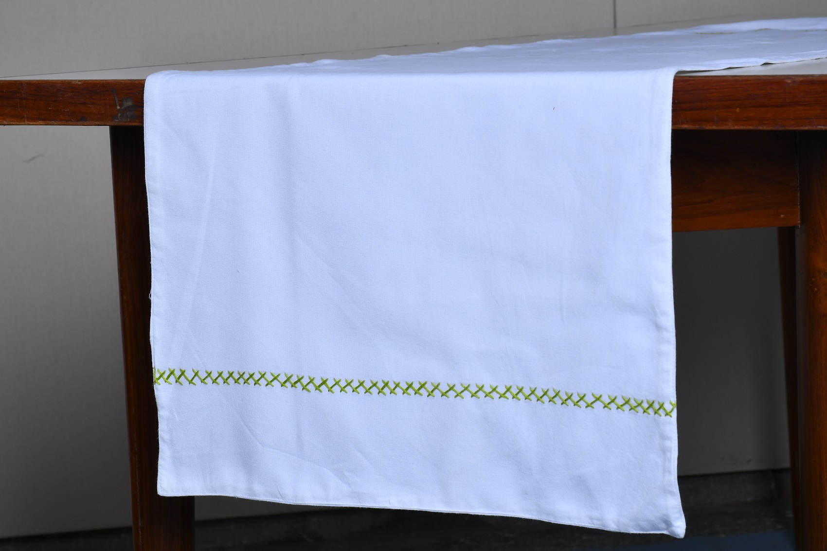 Emb Table Runner –  White with Green Cross-Stich Embroided Cotton
