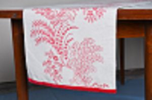 Printed Table Runner – Beige and Red Printed with Pompom Lace Cotton