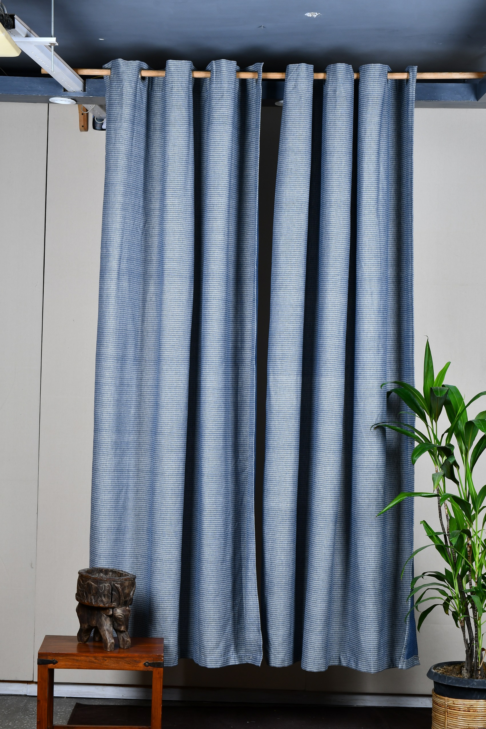 Tab Curtain With Eyelet – Slate Grey and Blue Horizontal Stripes Woven Semi Sheer Cotton