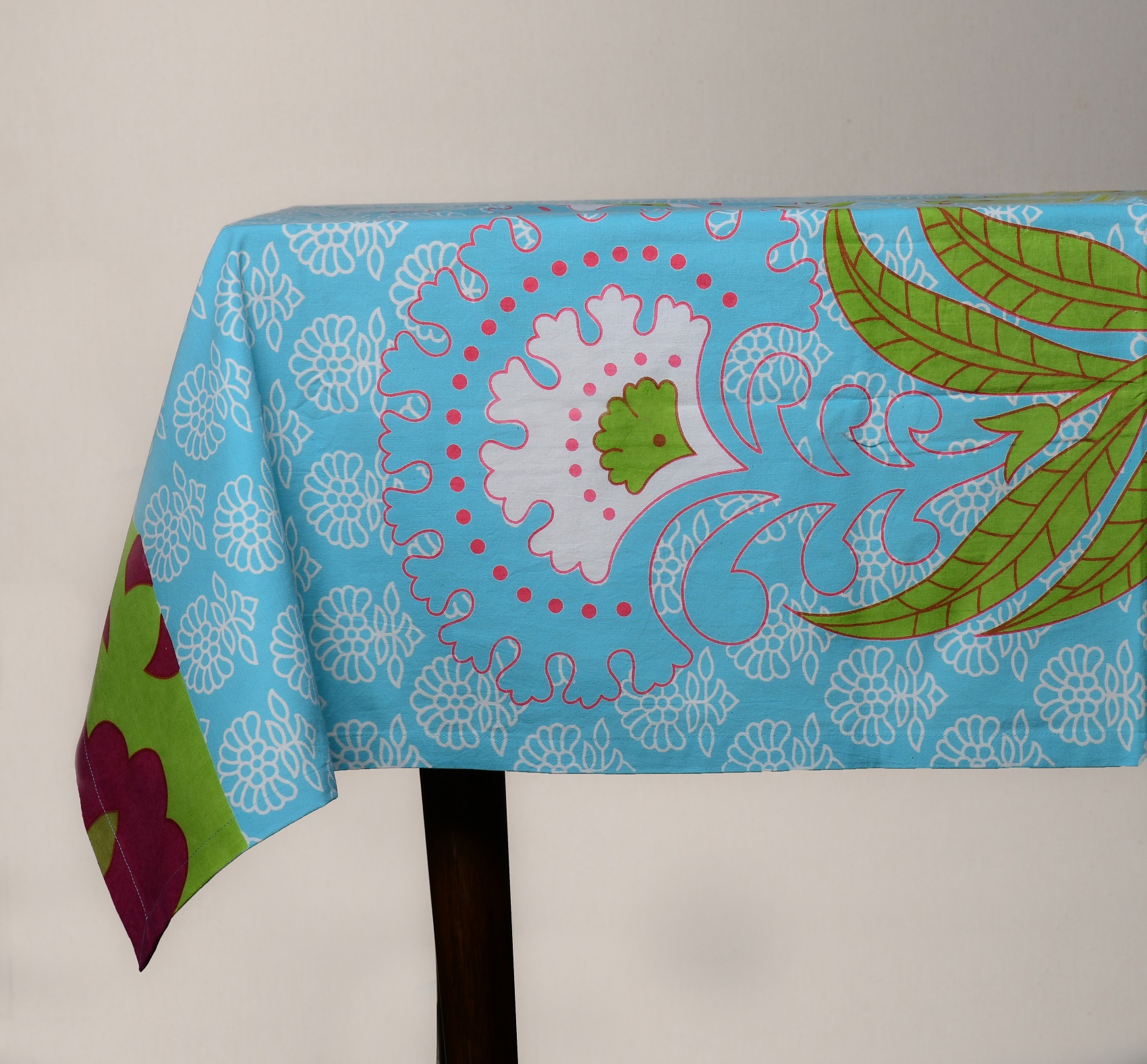 Printed Table Cover – Floral Pattern on Blue Printed Cotton