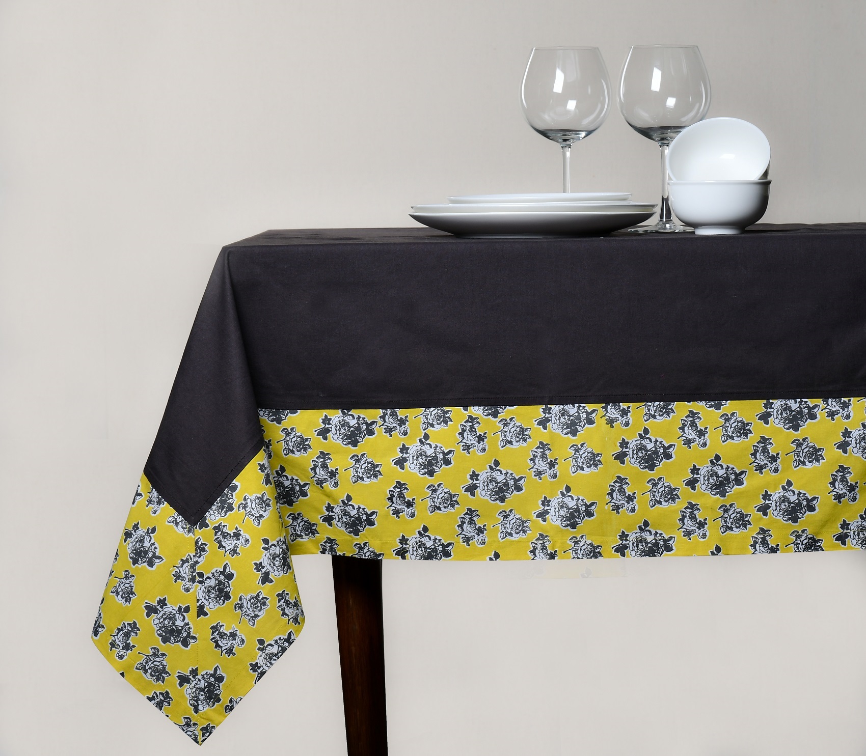 Printed Table Cover – Dark Grey with Yellow Printed Border Cotton