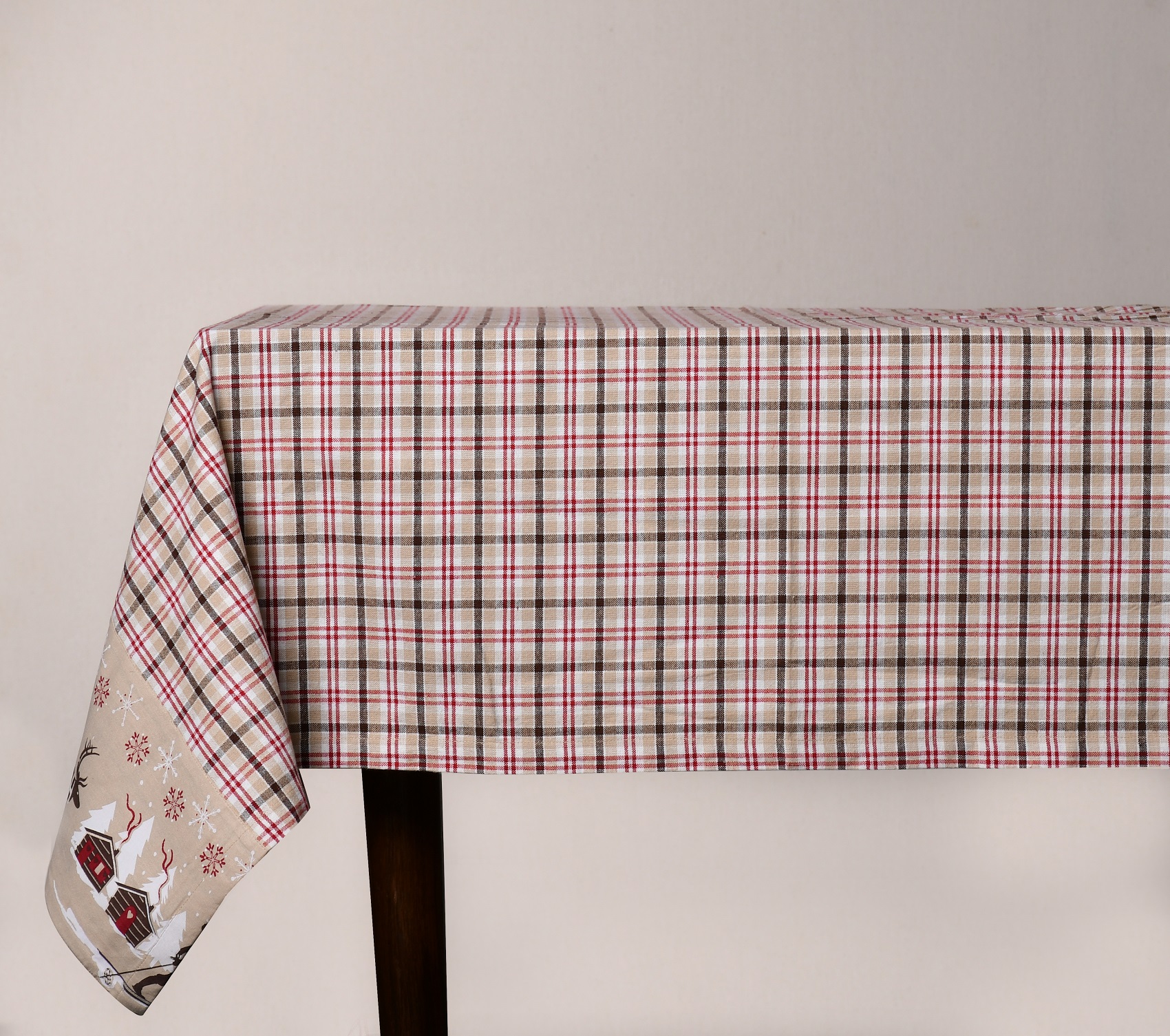 Check Table Cover  – Red Beige Checked with Printed Border Woven Cotton