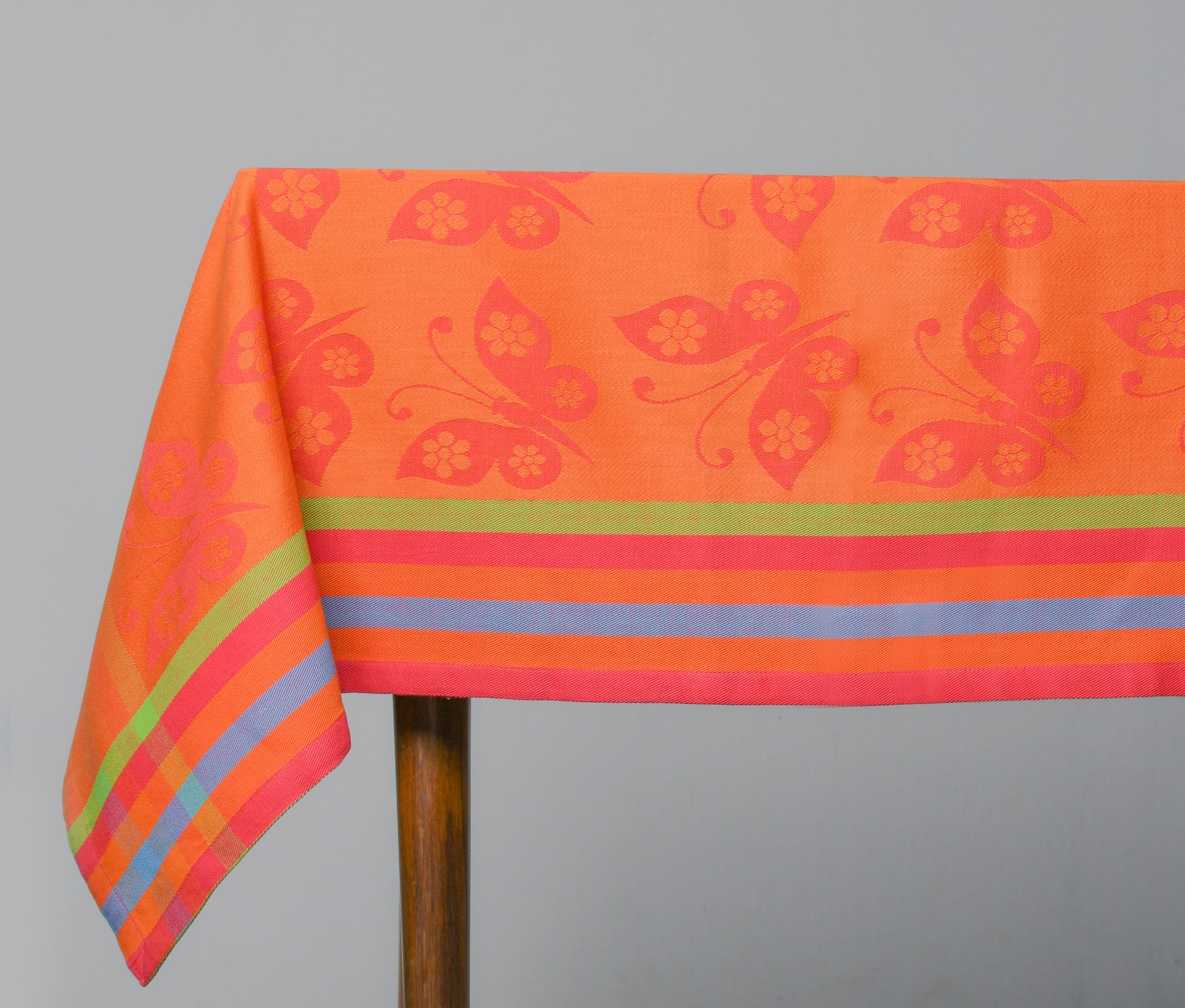 Jaquard Table Cover  – Orange Butterfly Pattern Jacquard Woven with Striped Border Cotton