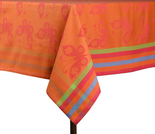Jaquard Table Cover  - Orange Butterfly Pattern Jacquard Woven with Striped Border Cotton - Image 2