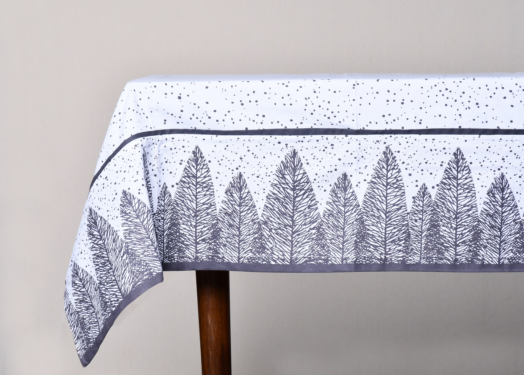 Print Table Cover – Grey Snowfall  On White with Tree Print Border Cotton