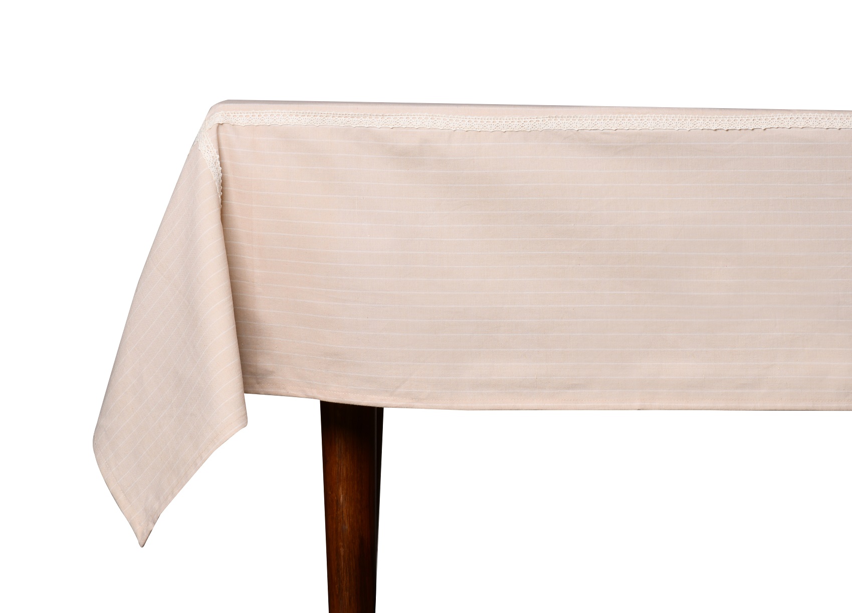 Table Cover – Beige and White Striped Woven with Crochet Lace Cotton