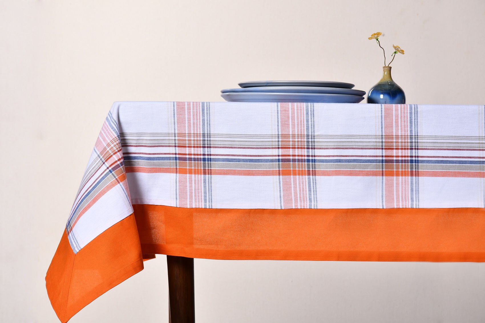 Check  Table Cover  – Orange and White Check with Solid Orange Border Cotton