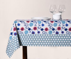Printed Table Cover  – Blue Floral Print with Geometric Border Printed Cotton