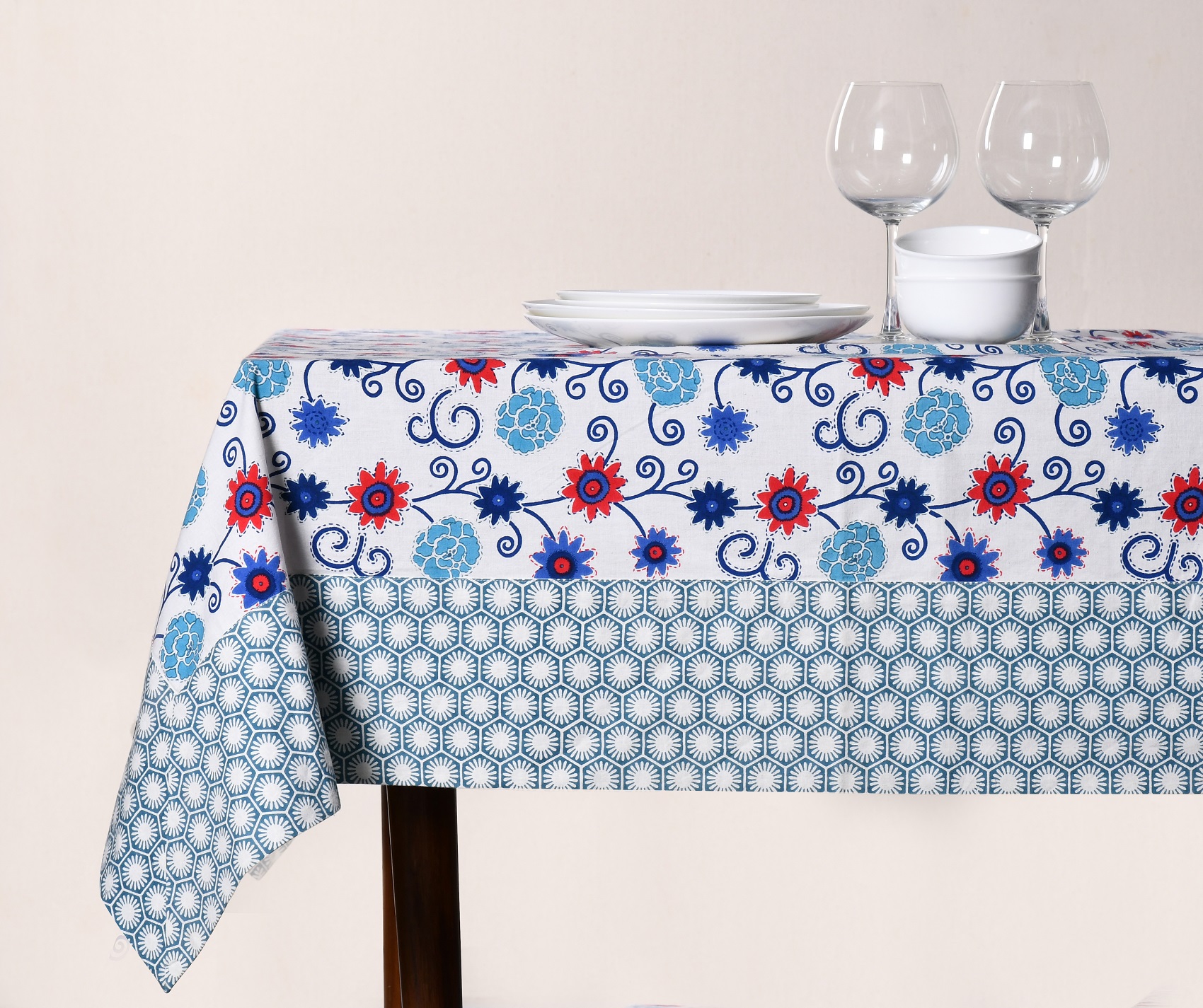 Printed Table Cover  – Blue Floral Print with Geometric Border Printed Cotton