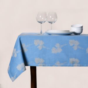 Jaquard Table Cover  – Blue and White Leaf Pattern Jacquard Woven Cotton