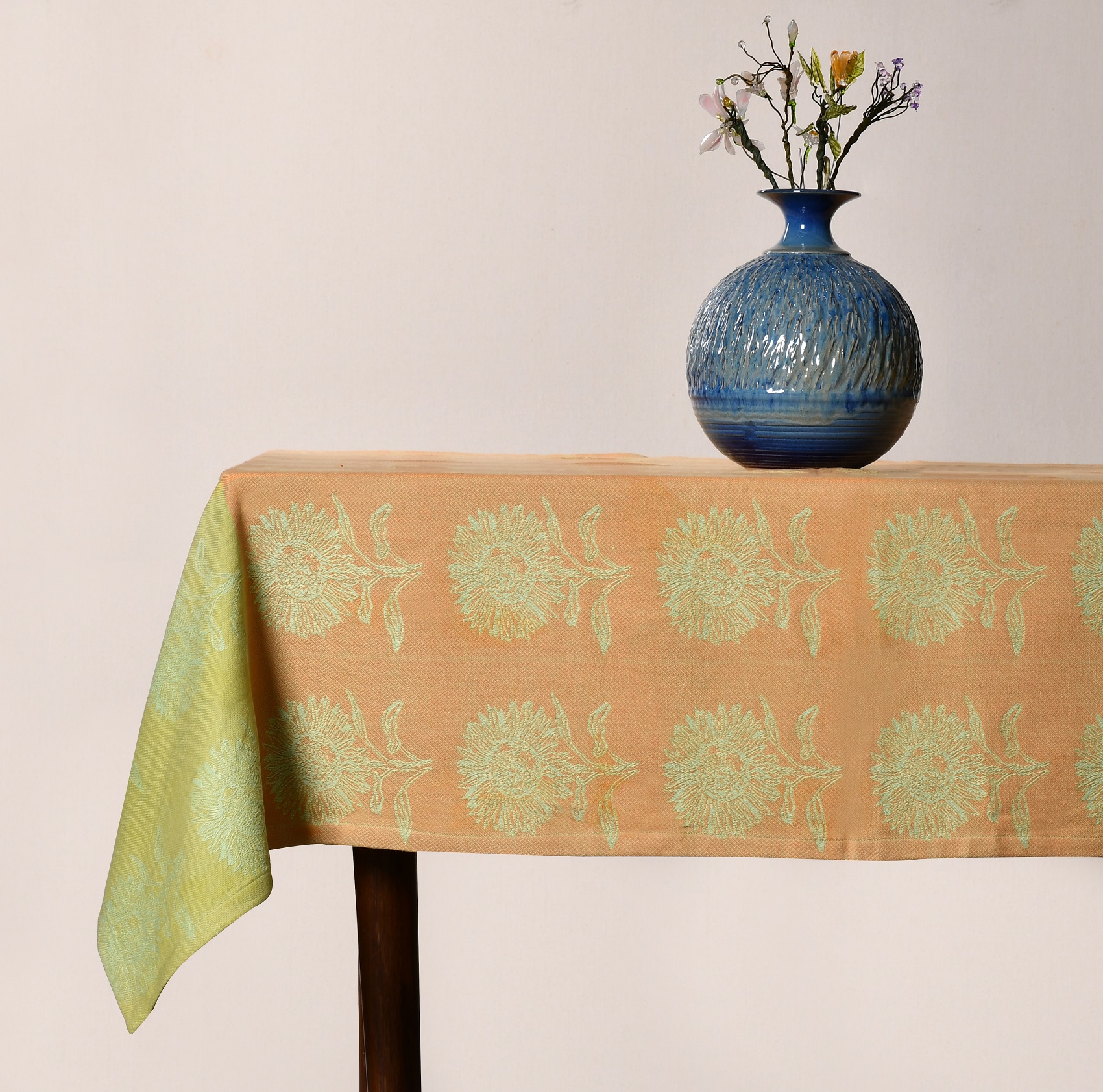 Jaquard Table Cover  – Dusty Green and Pale Orange Flower Pattern Jacquard Woven Cotton