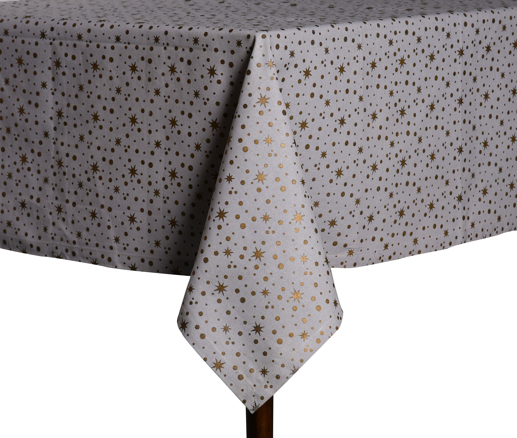 Printed Table Cover  – Gold Stars and Dots on Light Grey Woven Cotton