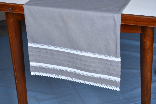 Table Runner - Grey with White Crochet Lace Pleated Woven Cotton - Image 2