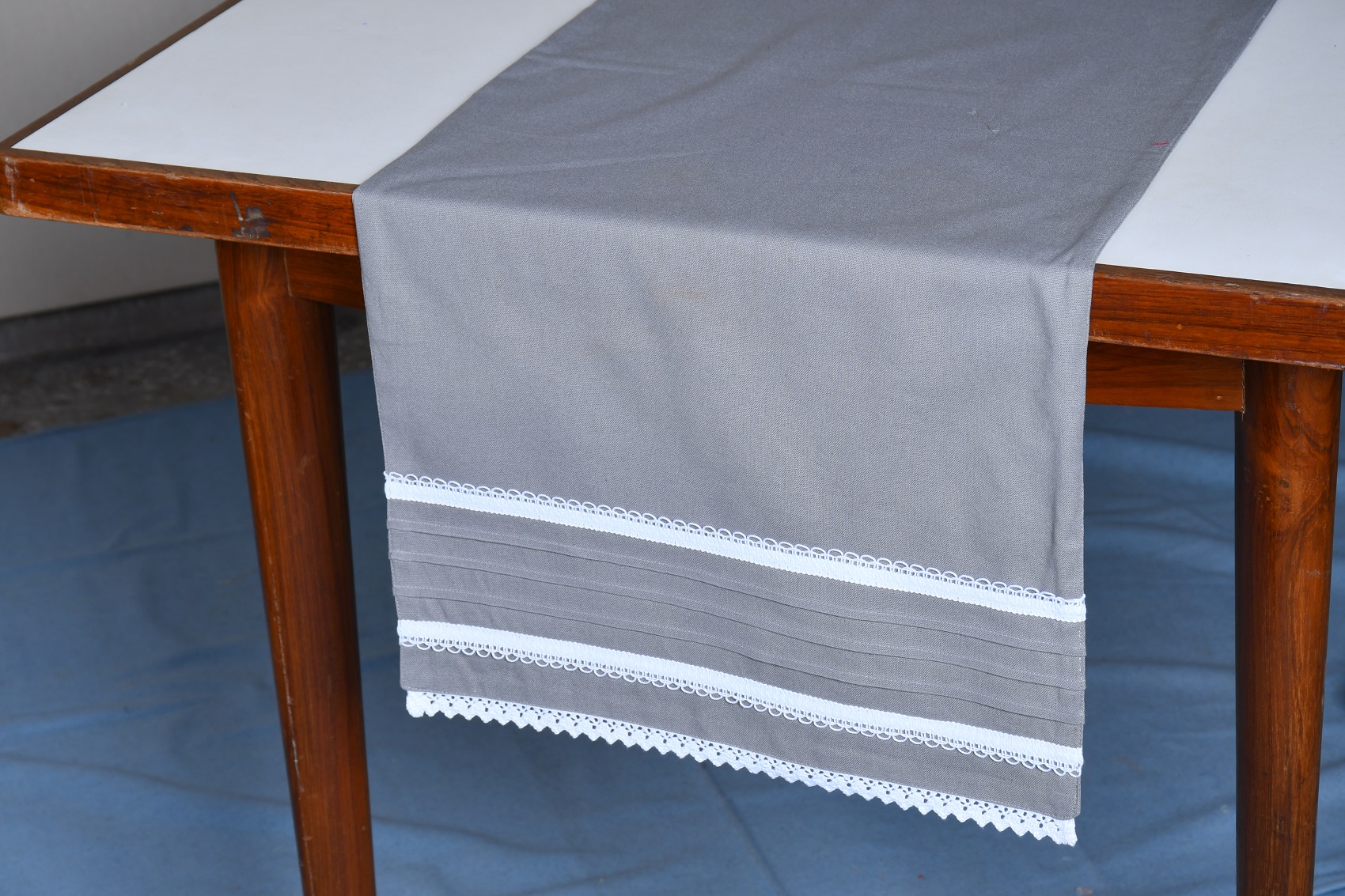 Table Runner – Grey with White Crochet Lace Pleated Woven Cotton