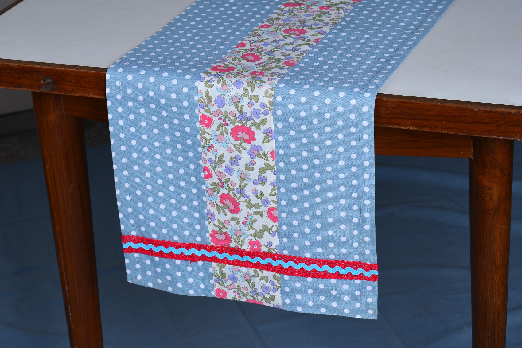 Table Runner – Blue Polkadots and Floral Printed with Red Lace Woven Cotton