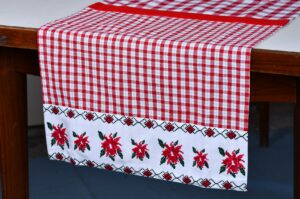 Table Runner – Red White Checked with Floral Printed Border Woven Cotton
