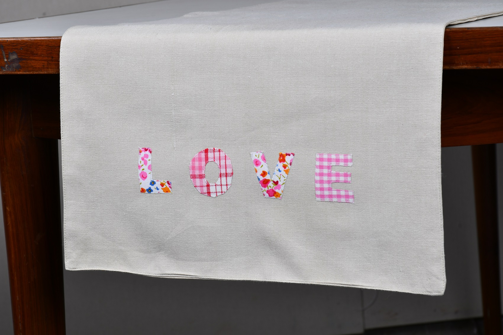 Table Runner – Beige with LOVE Patch Woven Cotton