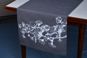 Table Runner – White Floral Print on Grey Cotton