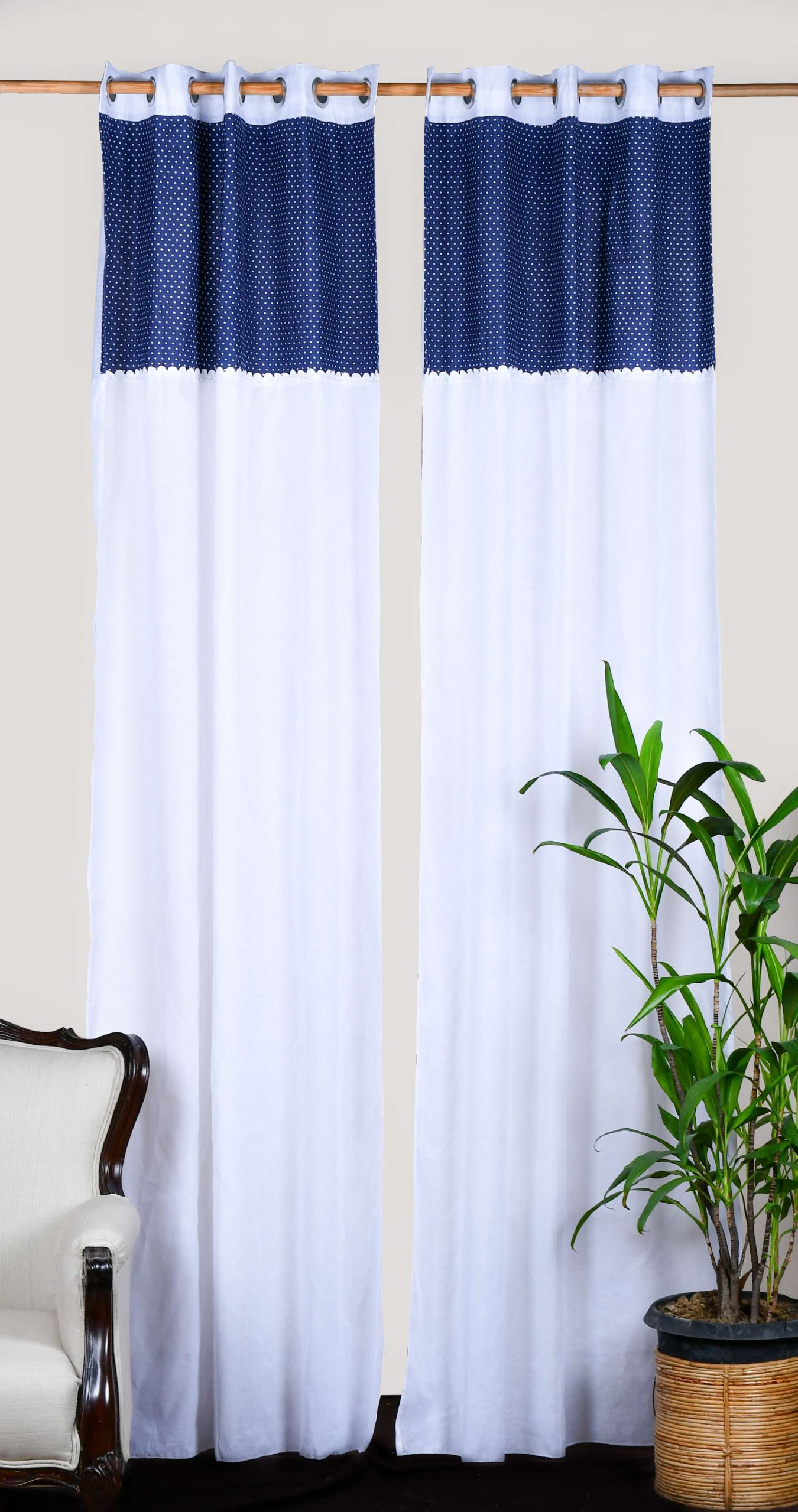 Navy, Blue, PolkaDots, White, Sheer, Cotton, Curtain & Set of 2